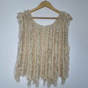 Festival Fringe Open Knit Top Size M Cream Fairy Boho Retro Hippie Woven